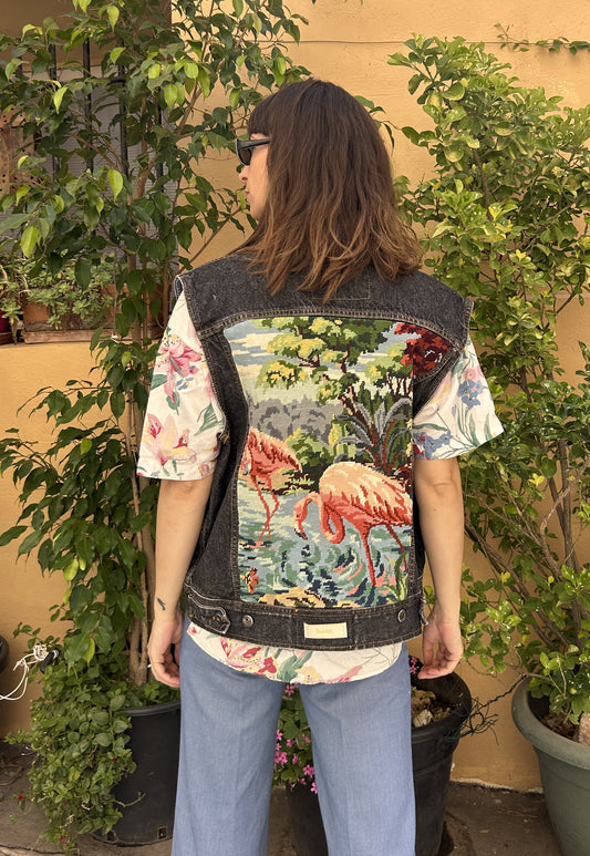 Upcycled Sleeveless Jacket Flamingos (M/L)