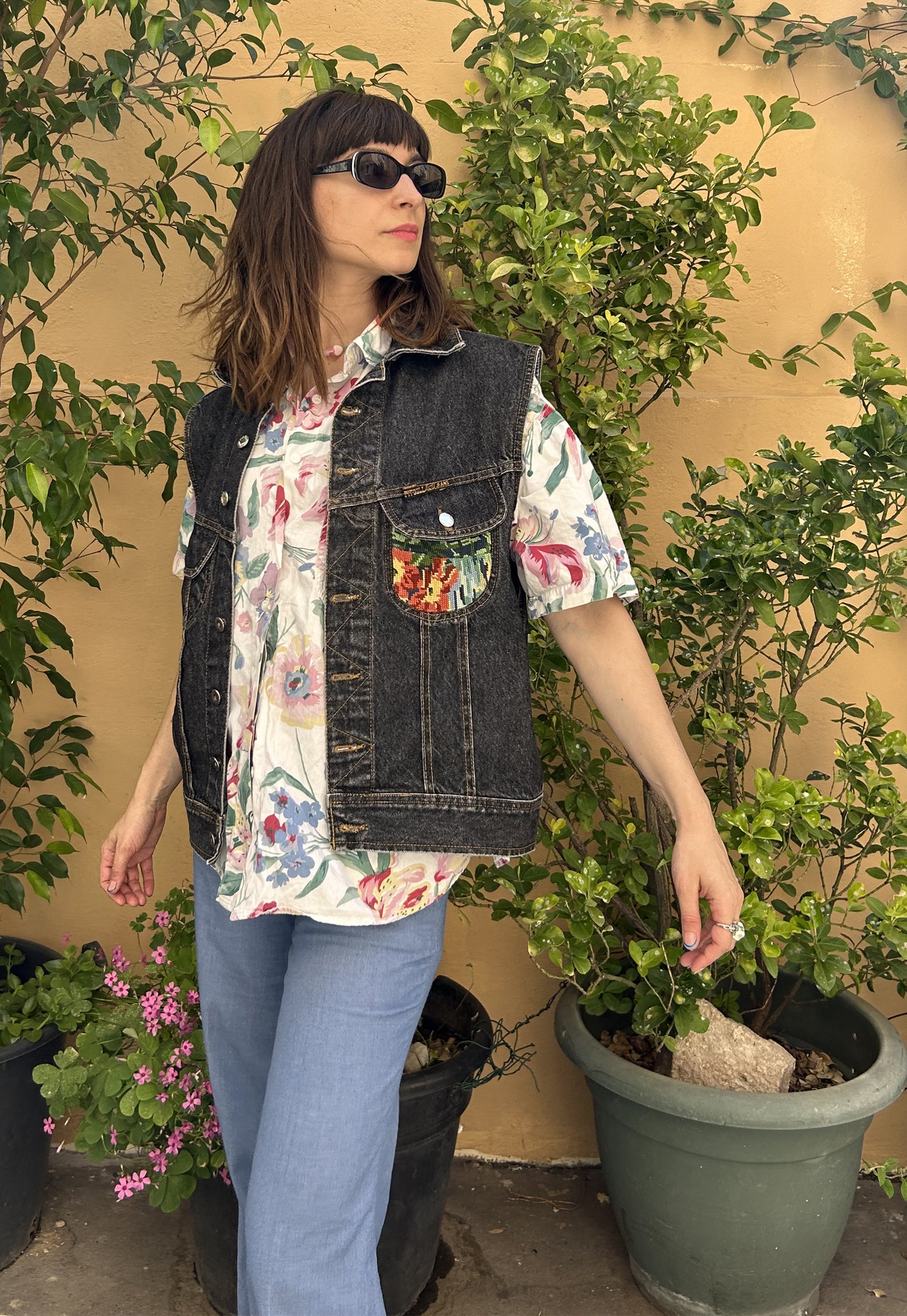 Upcycled Sleeveless Jacket Flamingos (M/L)