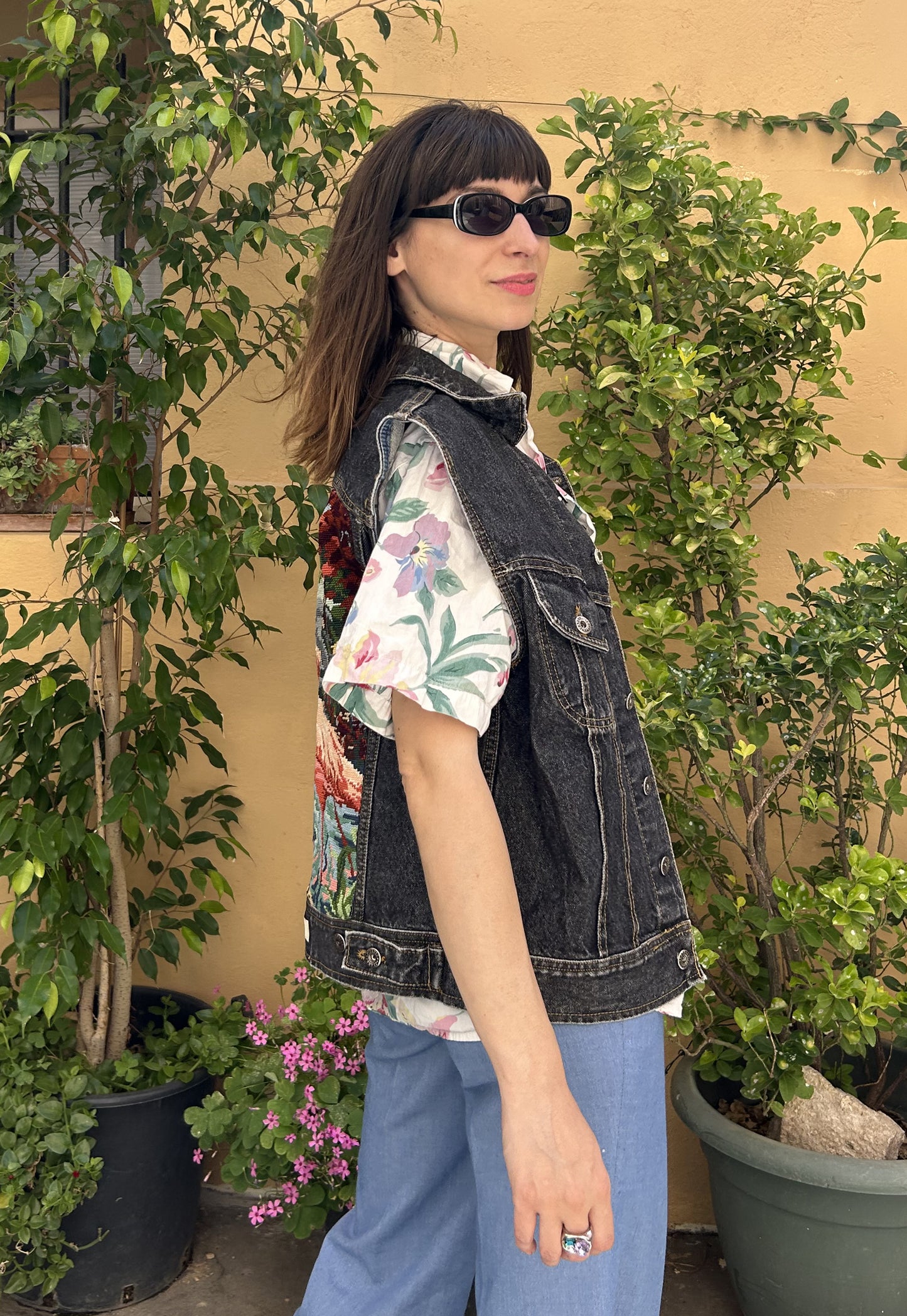 Upcycled Sleeveless Jacket Flamingos (M/L)