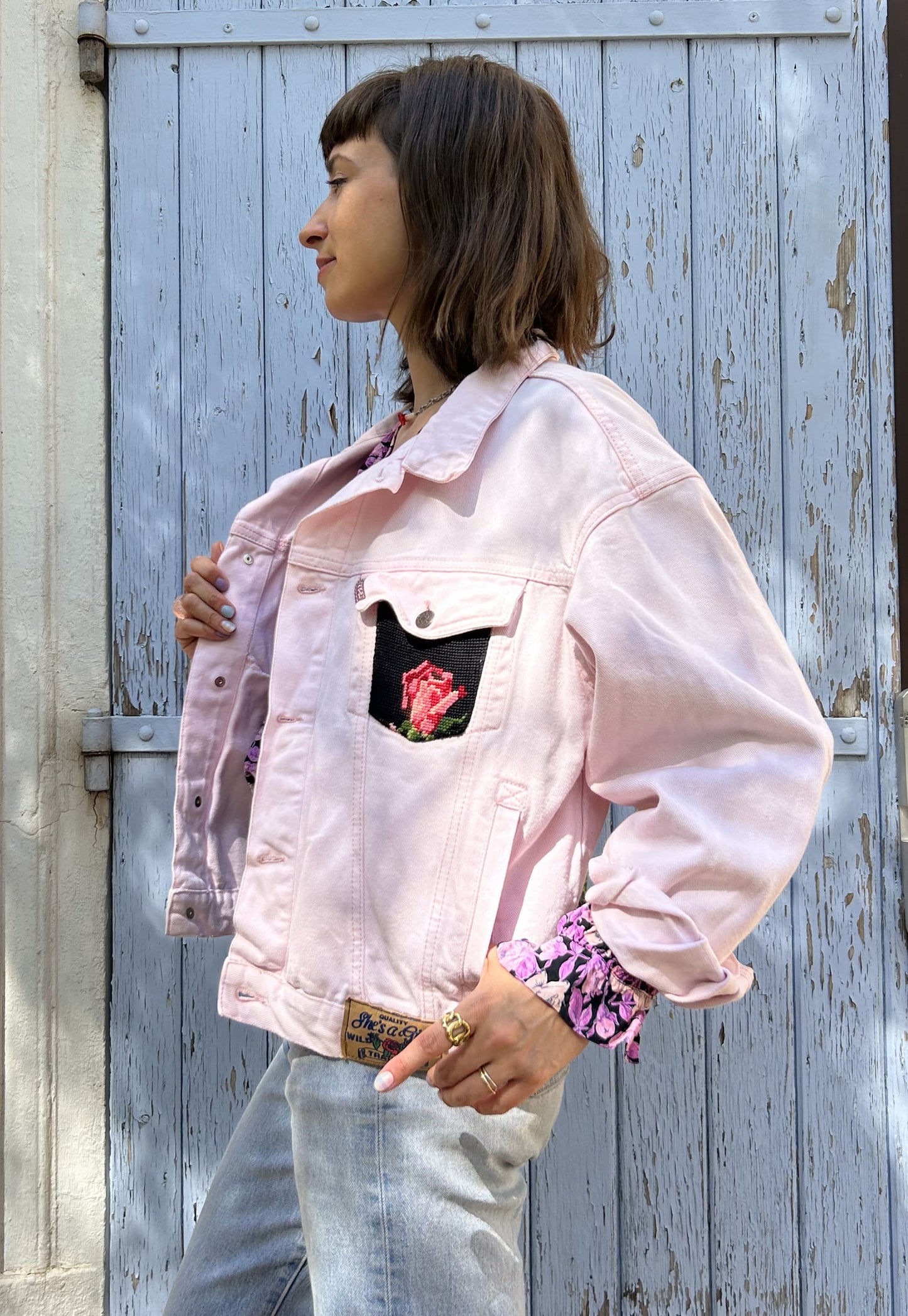 Frankie upcycled jacket Pink roses (M)
