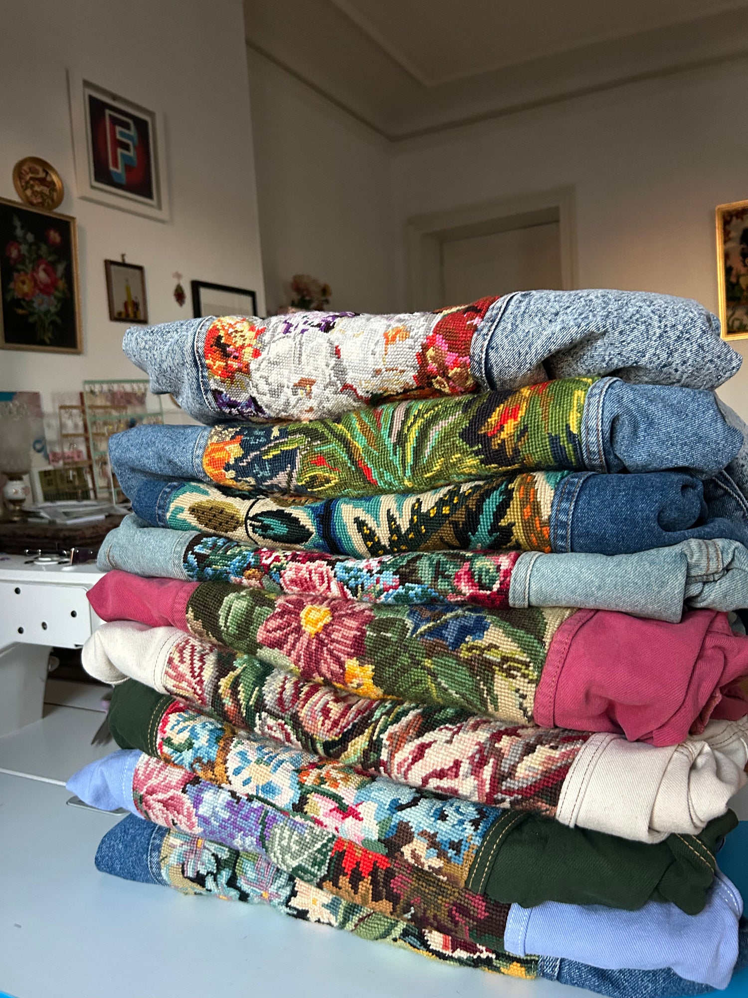 Upcycled denim jackets with vintage needlepoint