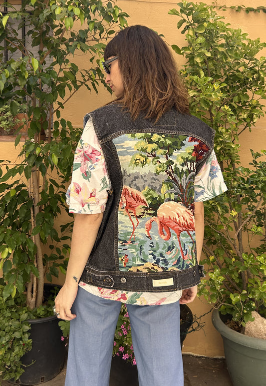 Upcycled Sleeveless Jacket Flamingos (M/L)