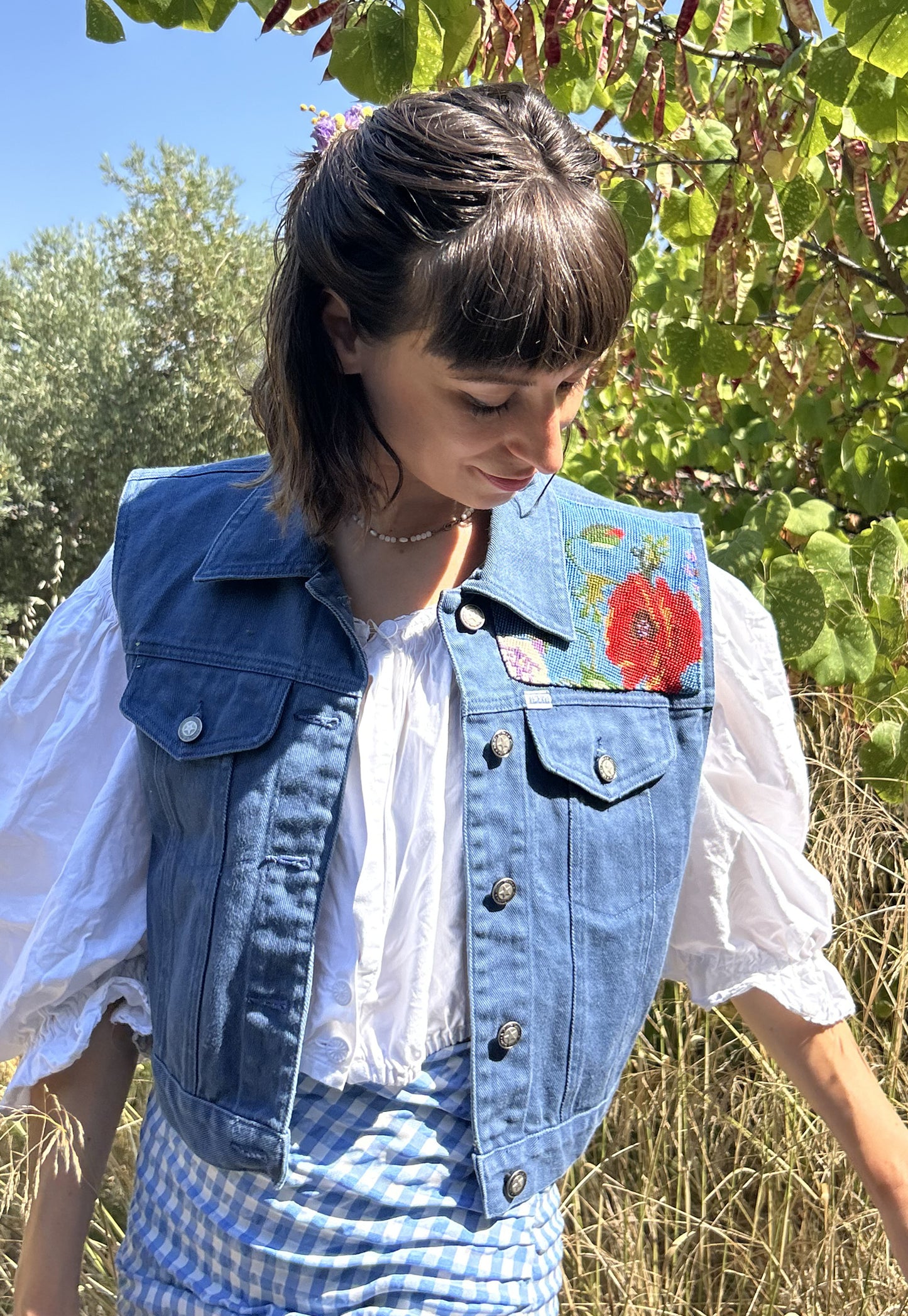 Upcycled Sleeveless Jacket Fleurs des champs (S)