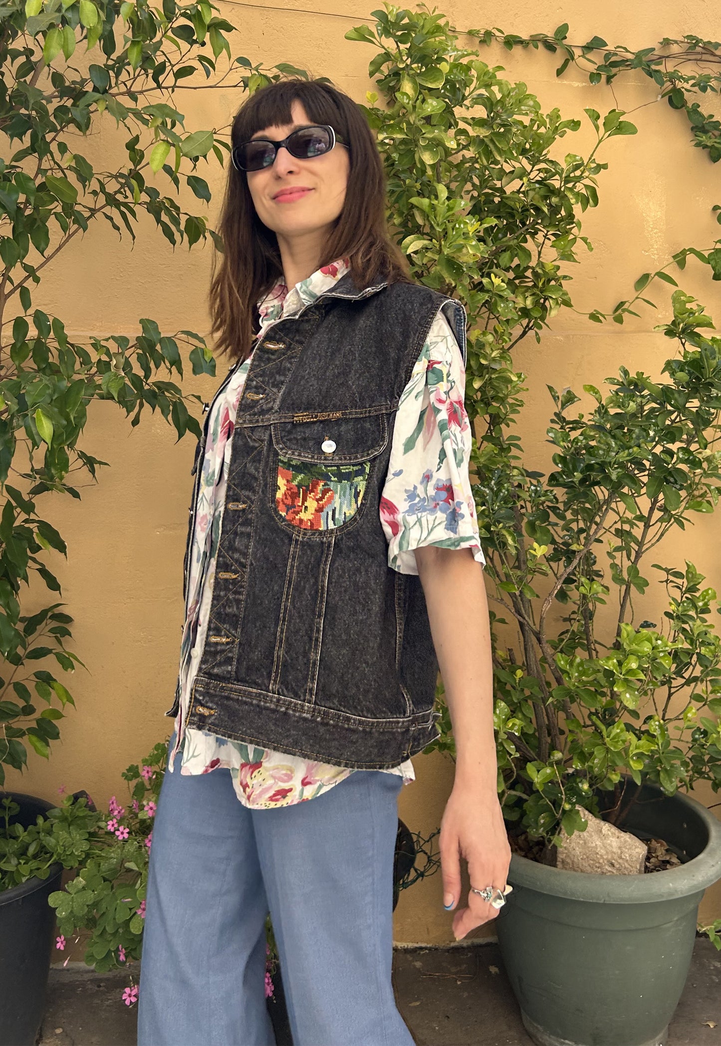Upcycled Sleeveless Jacket Flamingos (M/L)