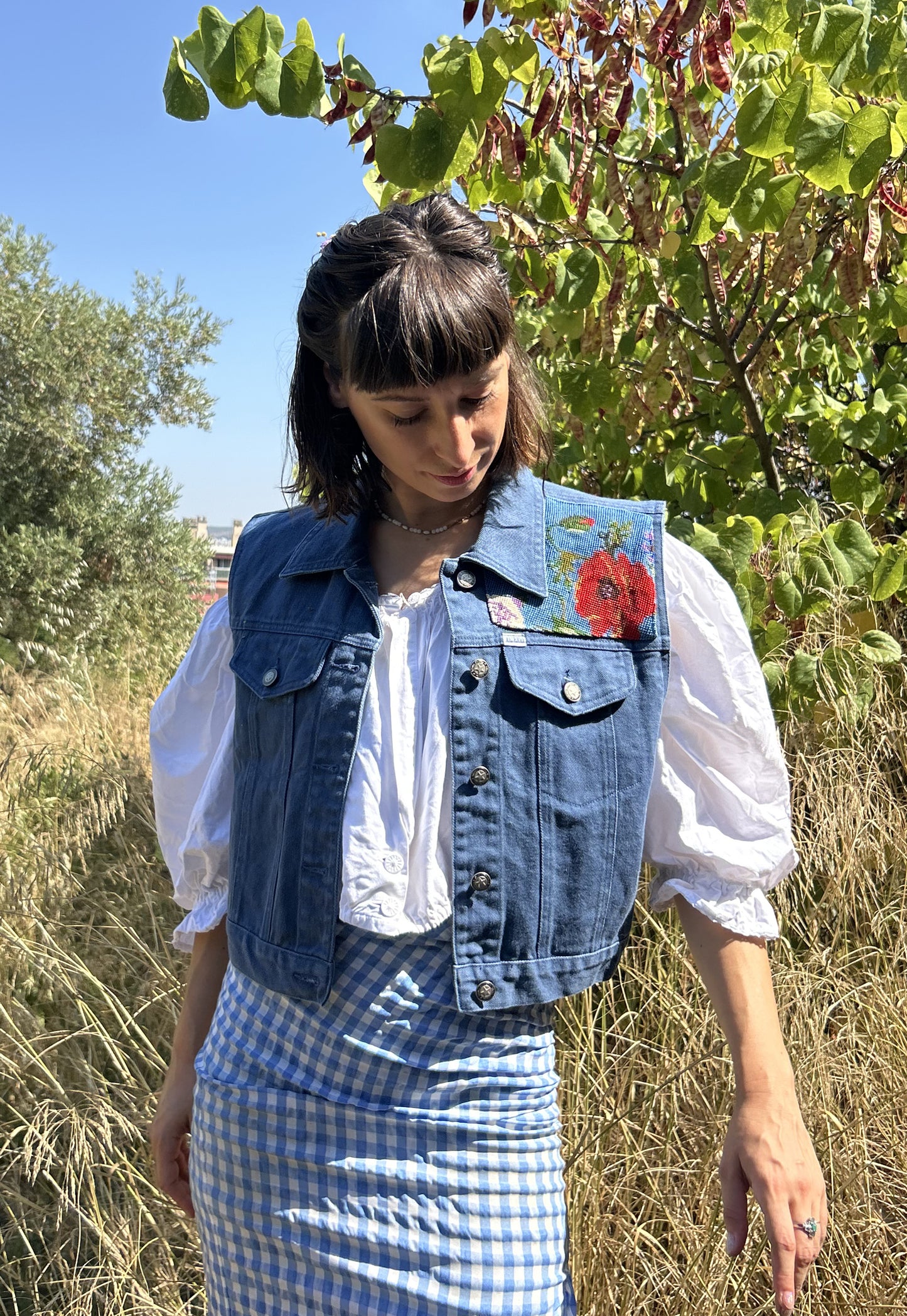 Upcycled Sleeveless Jacket Fleurs des champs (S)