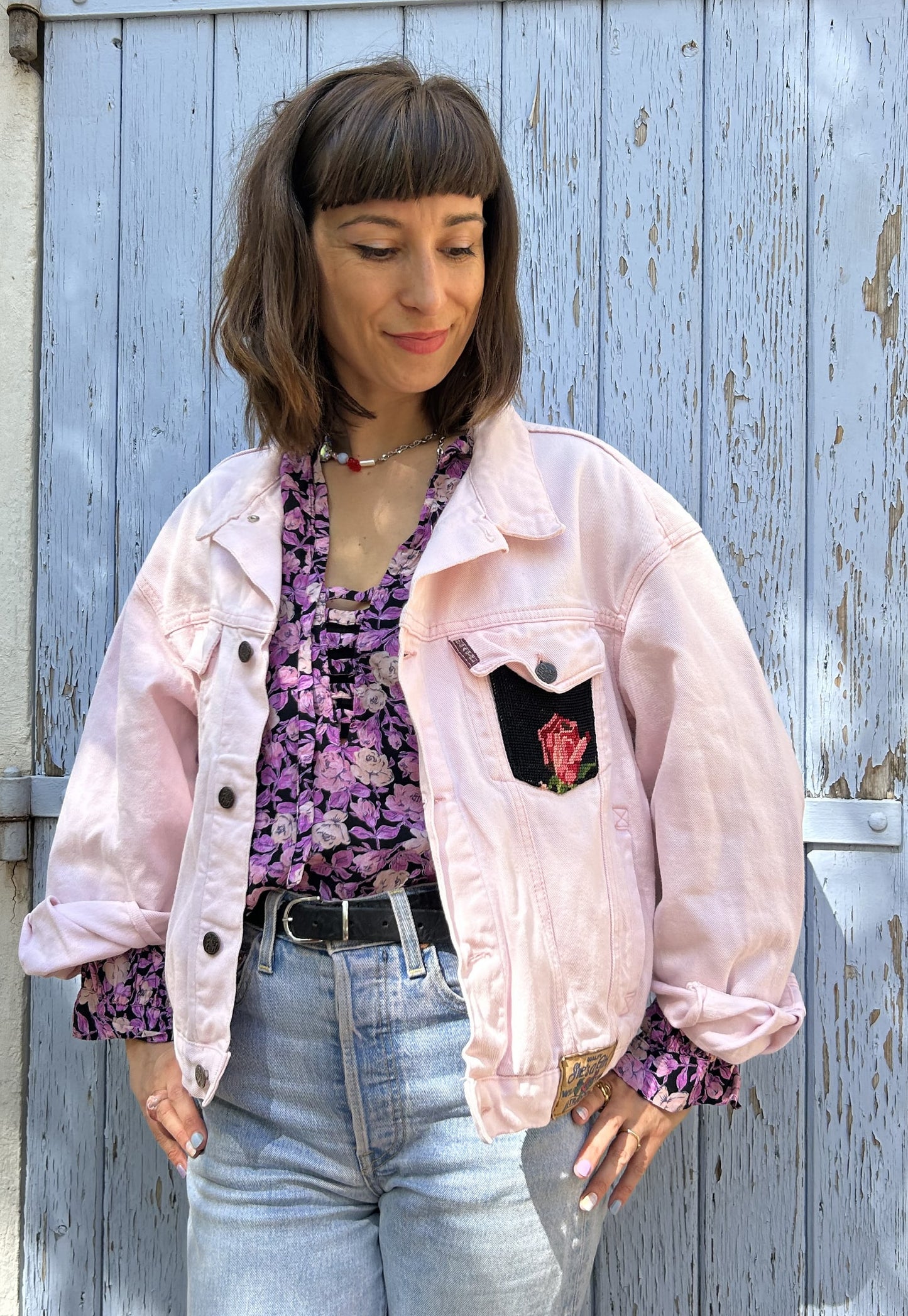 Frankie upcycled jacket Pink roses (M)