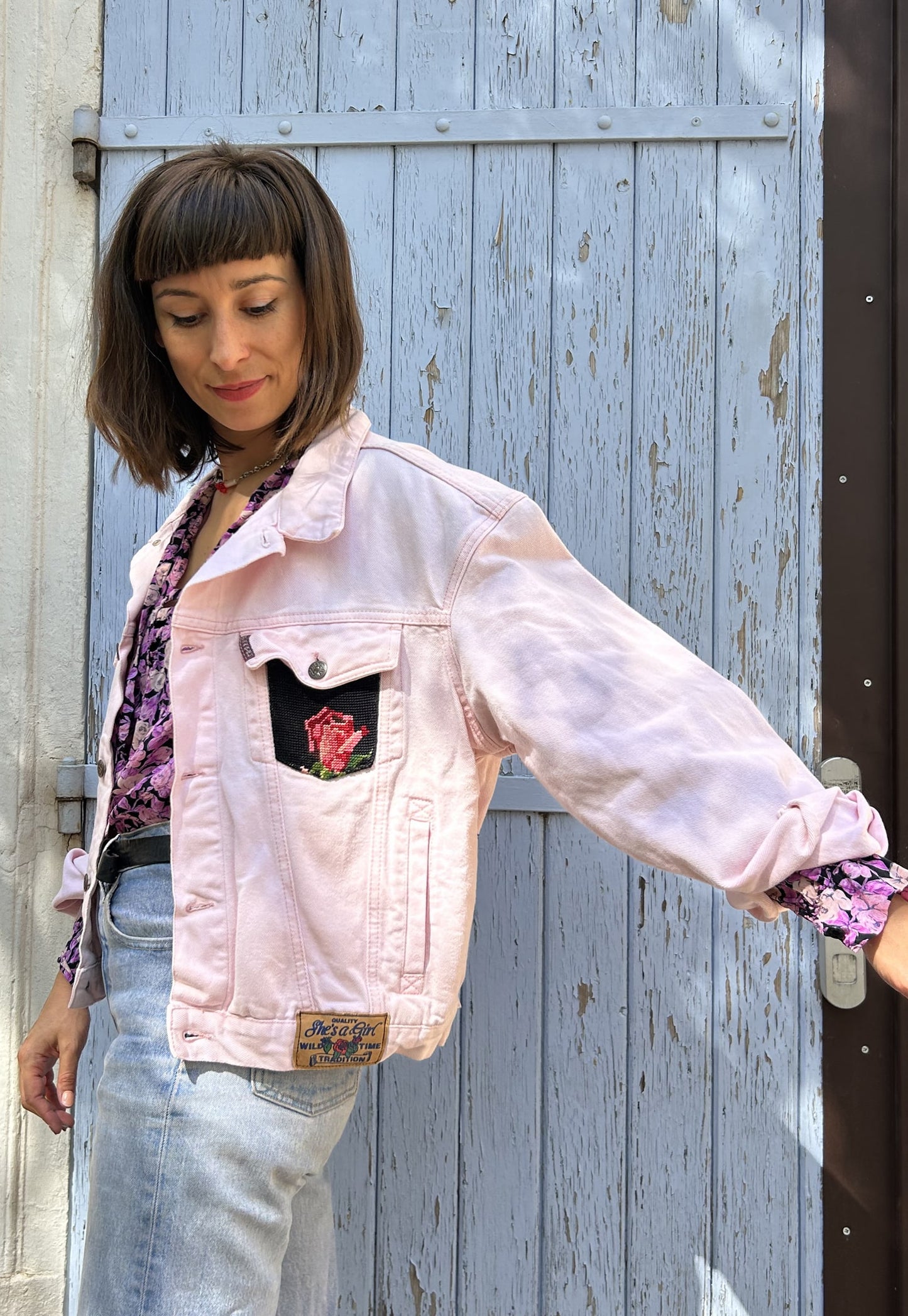 Frankie upcycled jacket Pink roses (M)