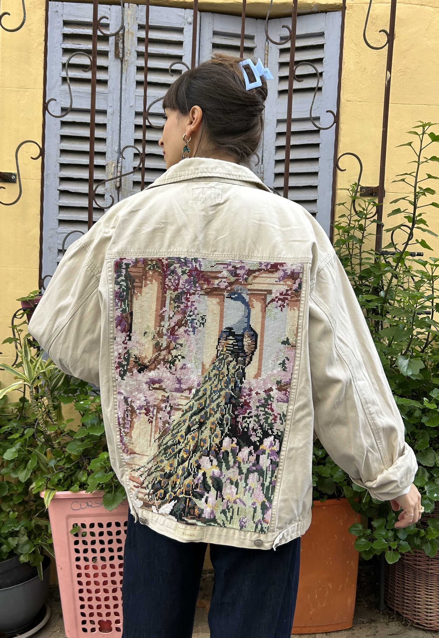 Upcycled jacket Peacock and wisteria  (L)
