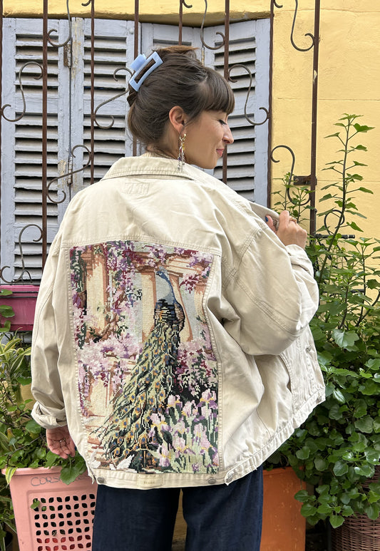Upcycled jacket Peacock and wisteria  (L)