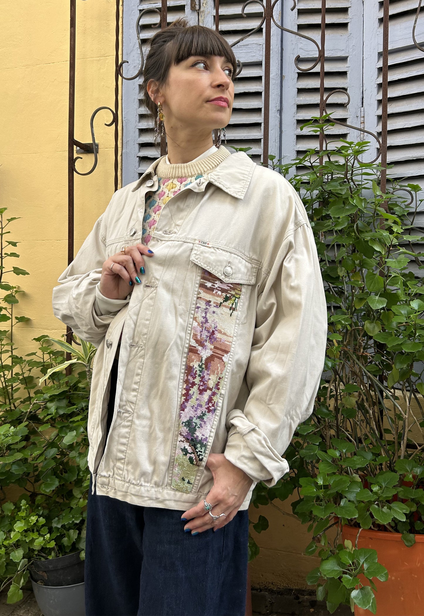 Upcycled jacket Peacock and wisteria  (L)