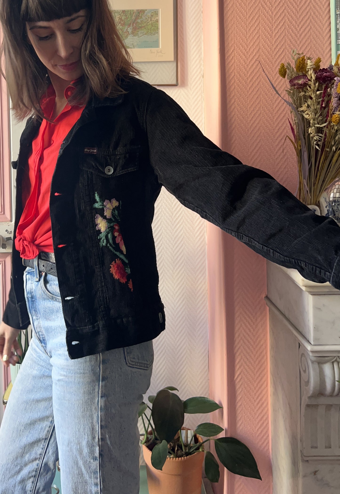 Upcycled jacket Flowers (S/M)