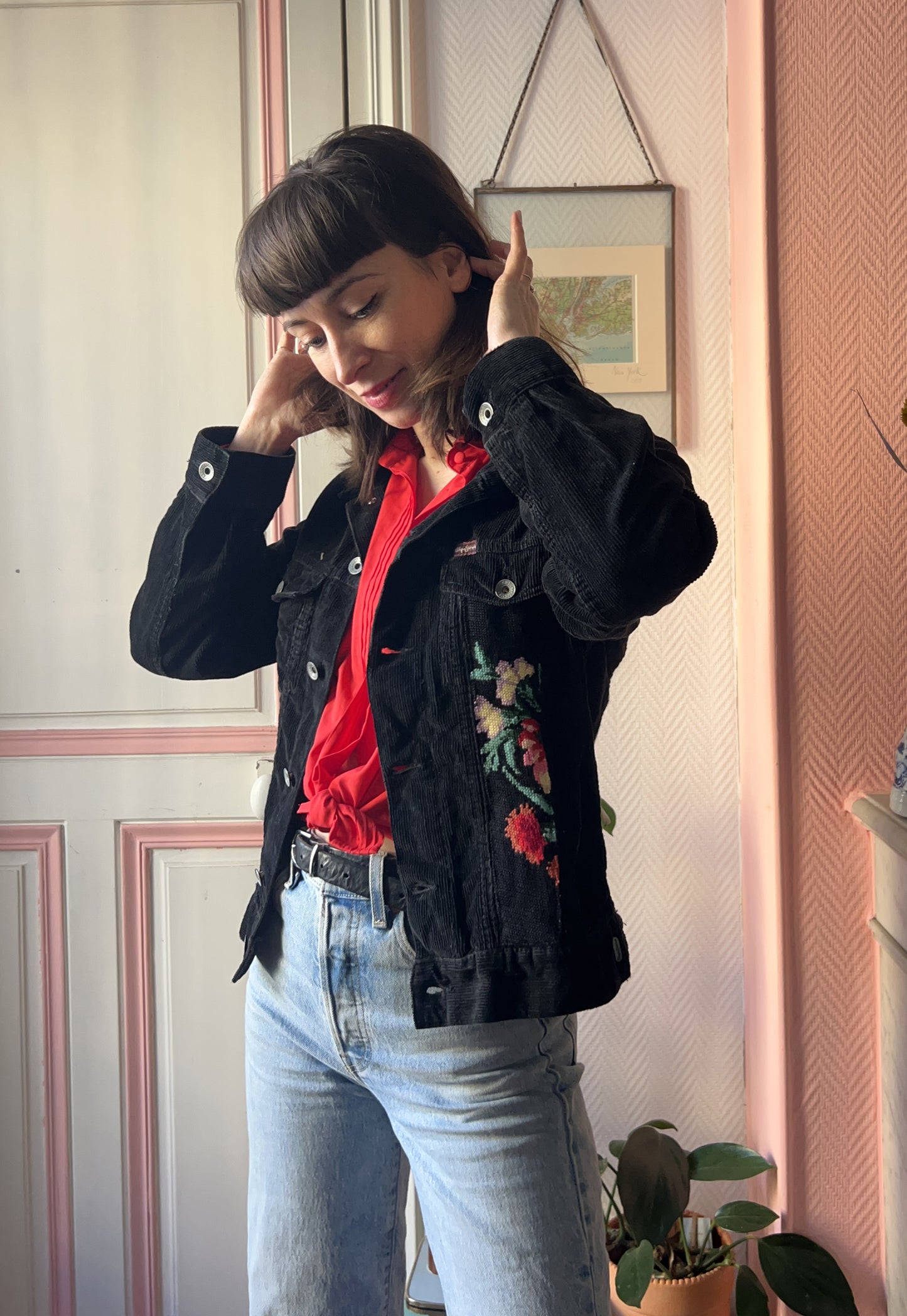 Upcycled jacket Flowers (S/M)