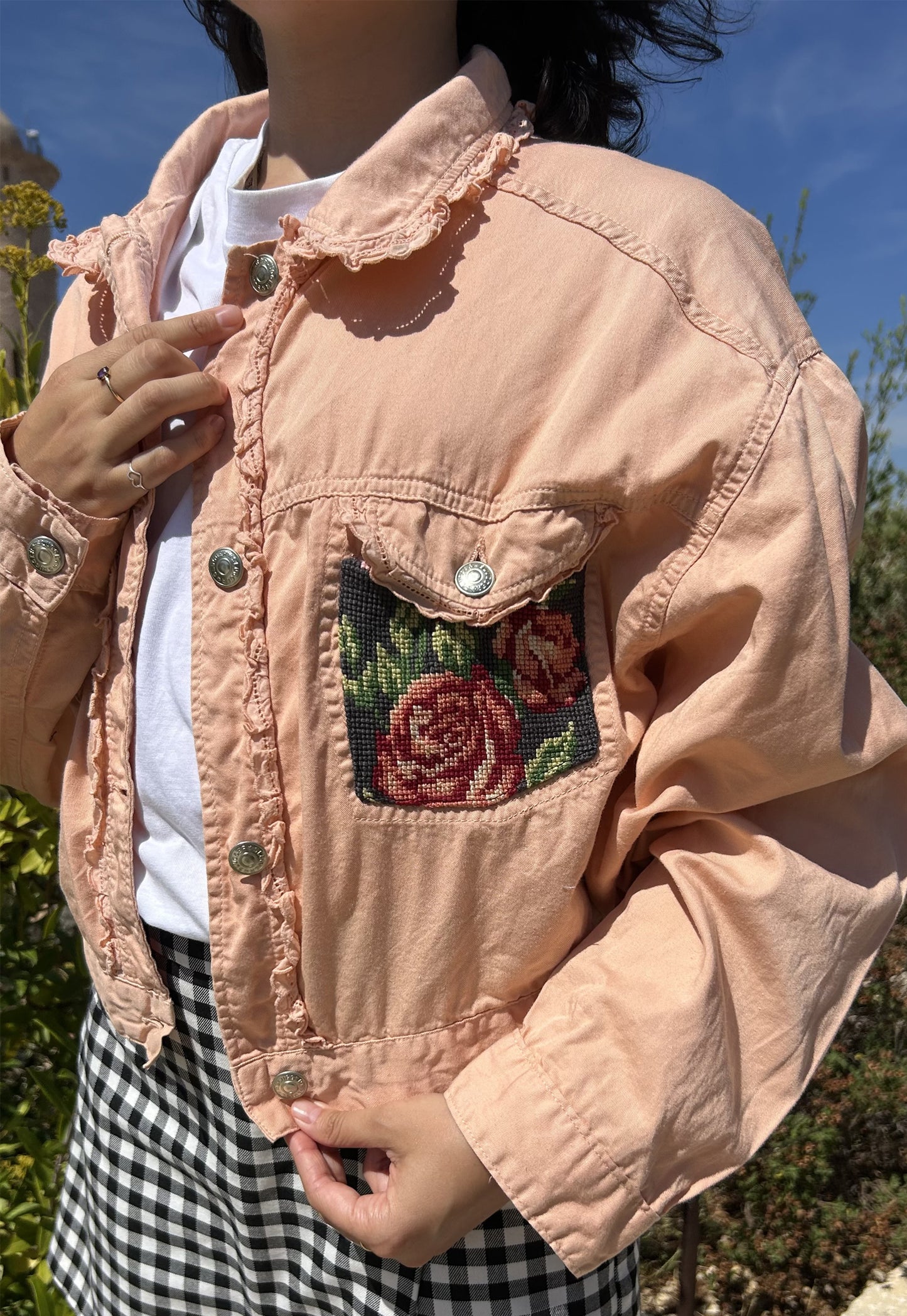 Upcycled jacket pastel bouquet (S)