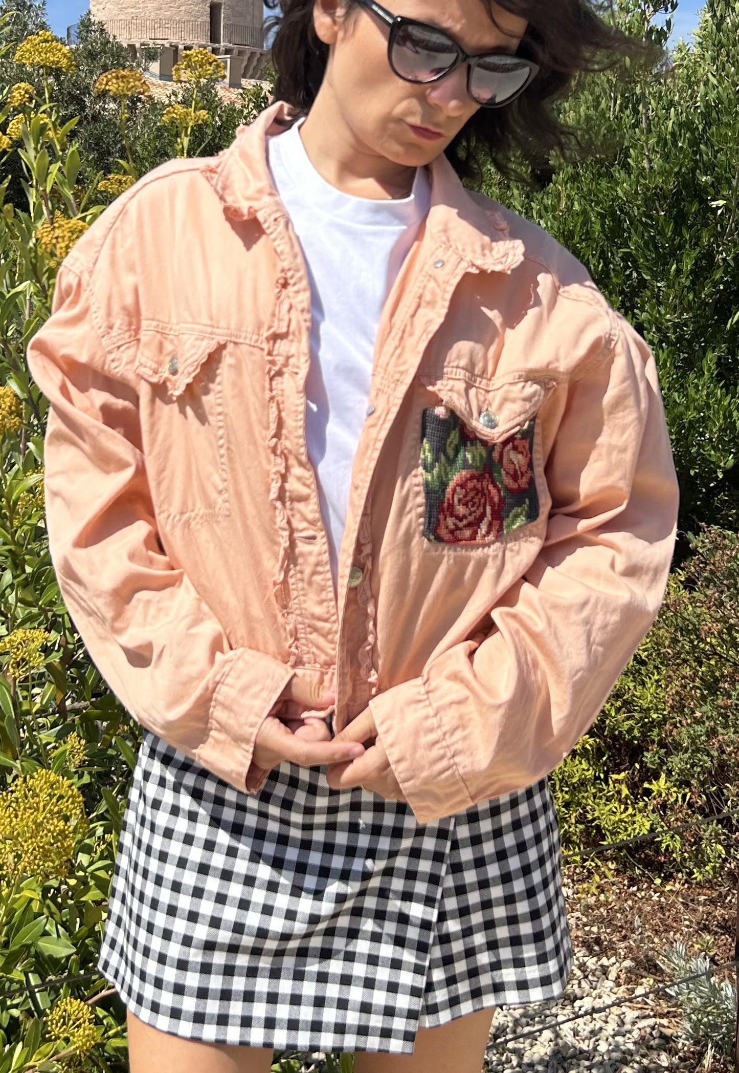 Upcycled jacket pastel bouquet (S)