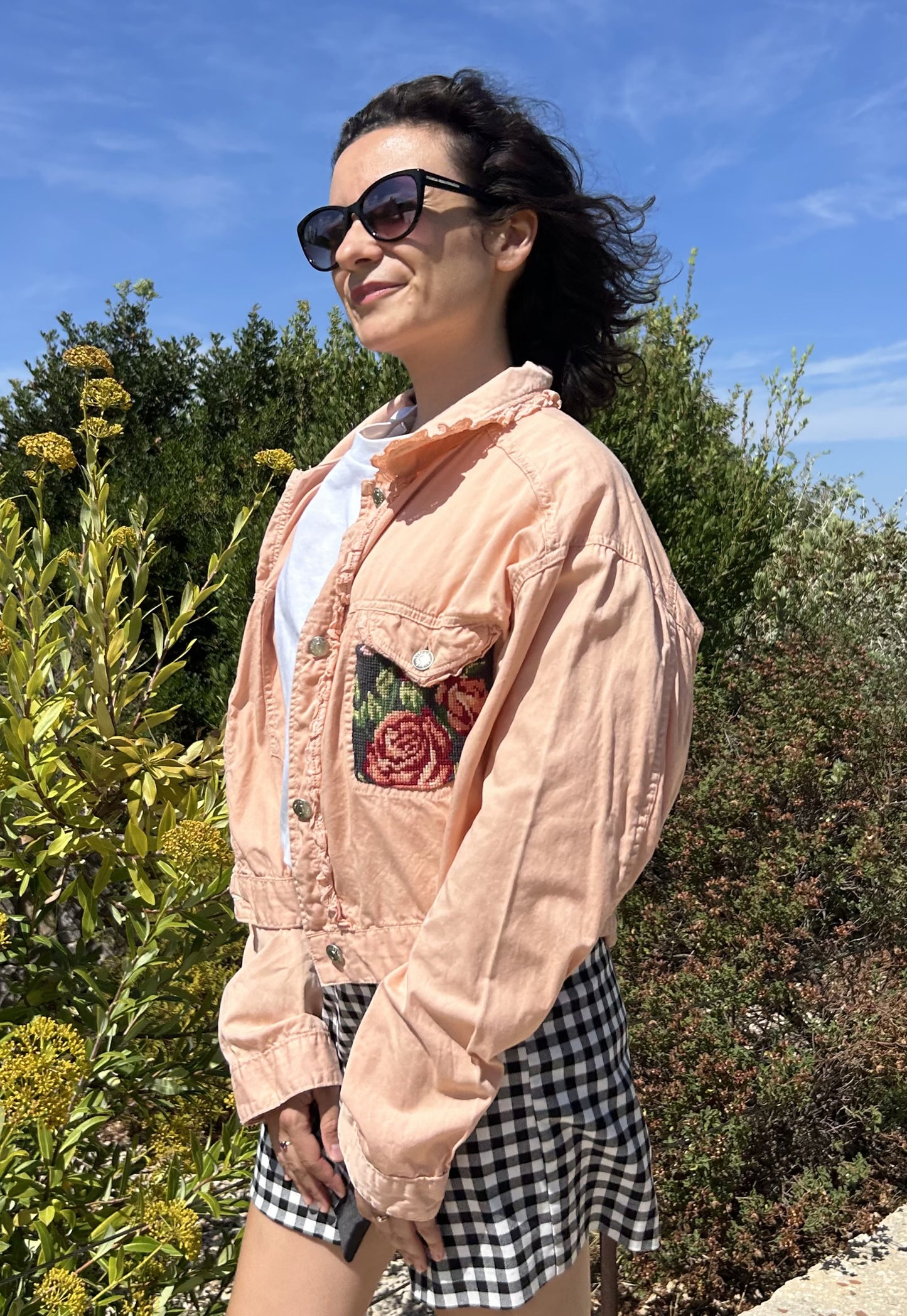 Upcycled jacket pastel bouquet (S)