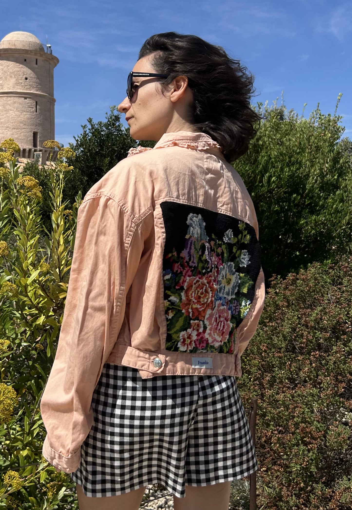 Upcycled jacket pastel bouquet (S)