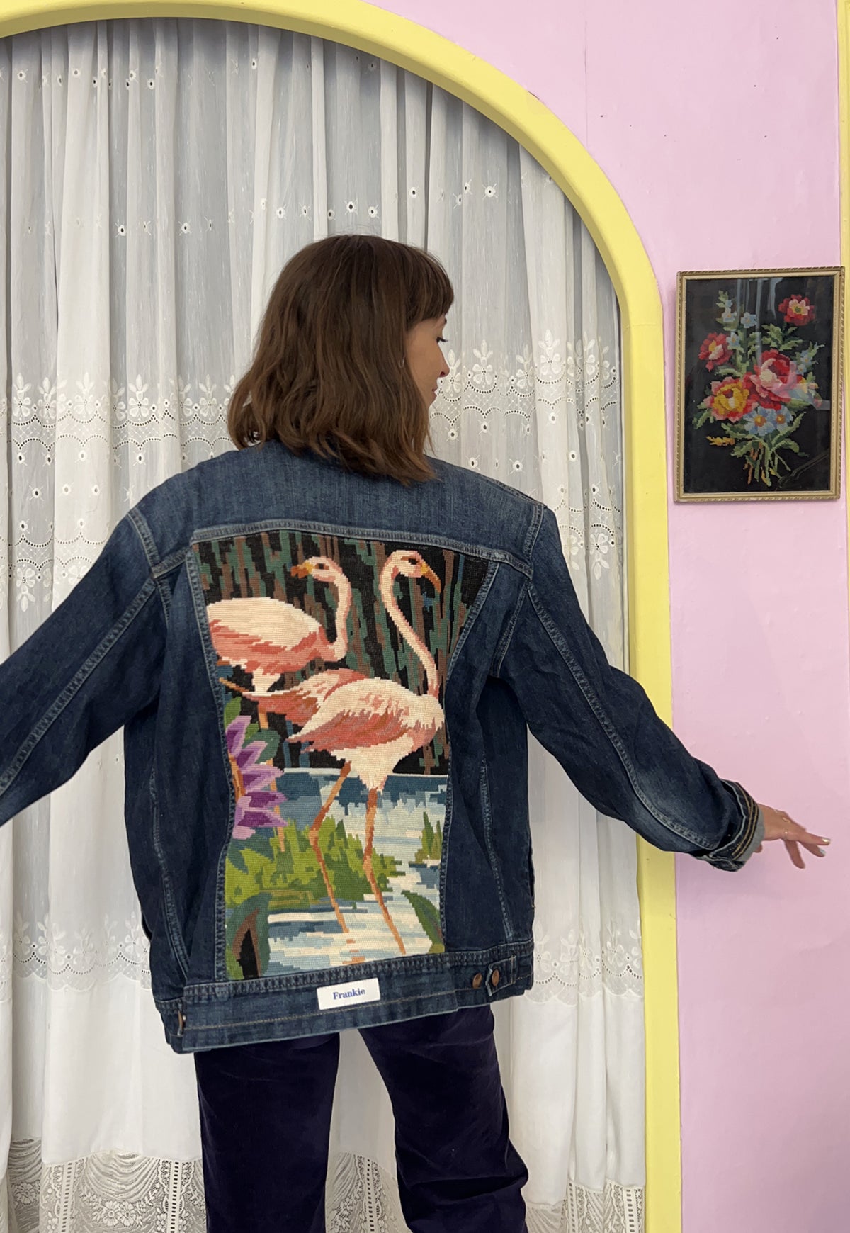 Upcycled jacket Flamingos (XL)