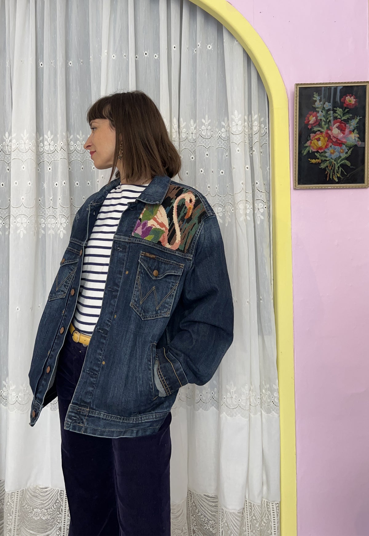 Upcycled jacket Flamingos (XL)