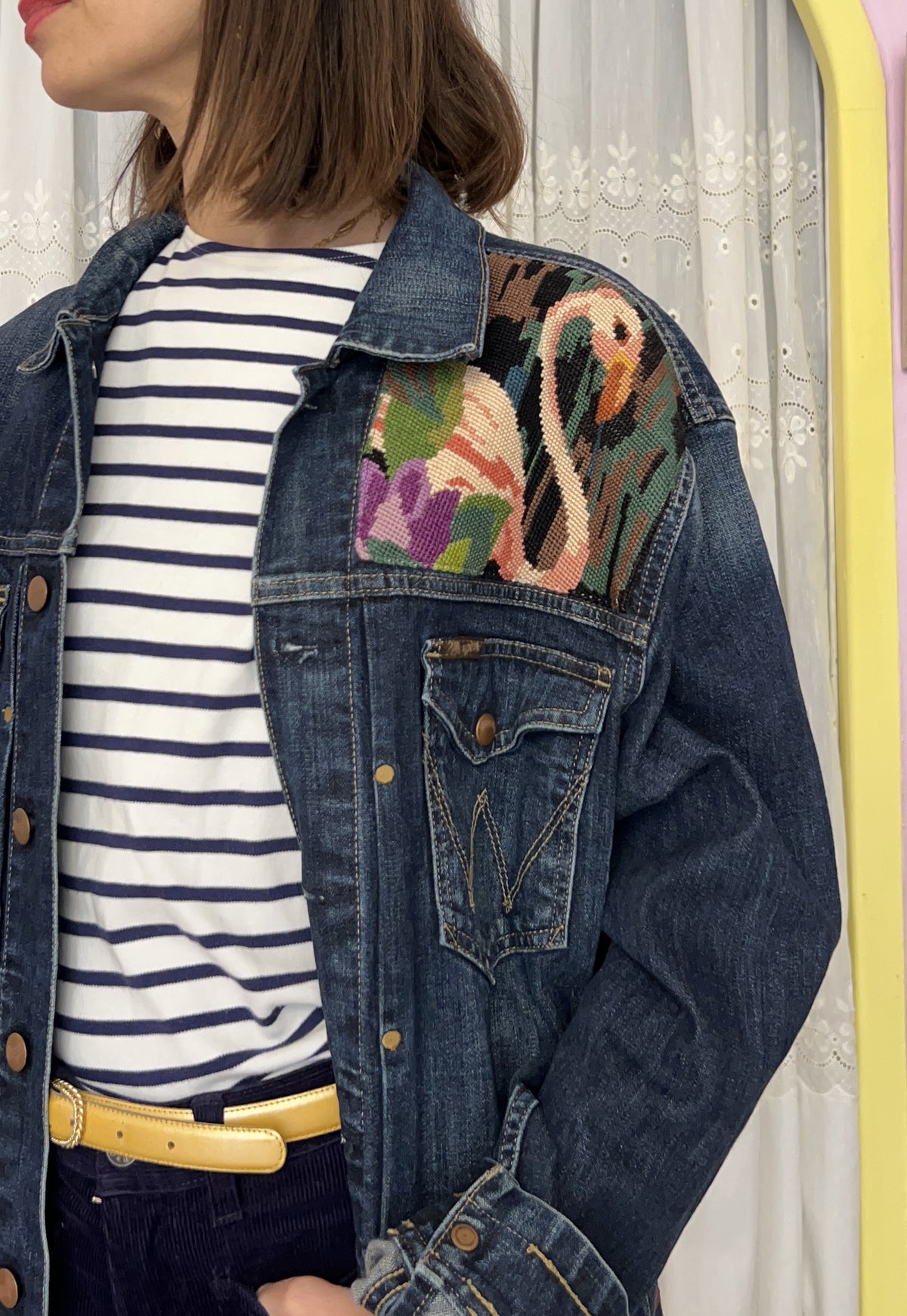 Upcycled jacket Flamingos (XL)