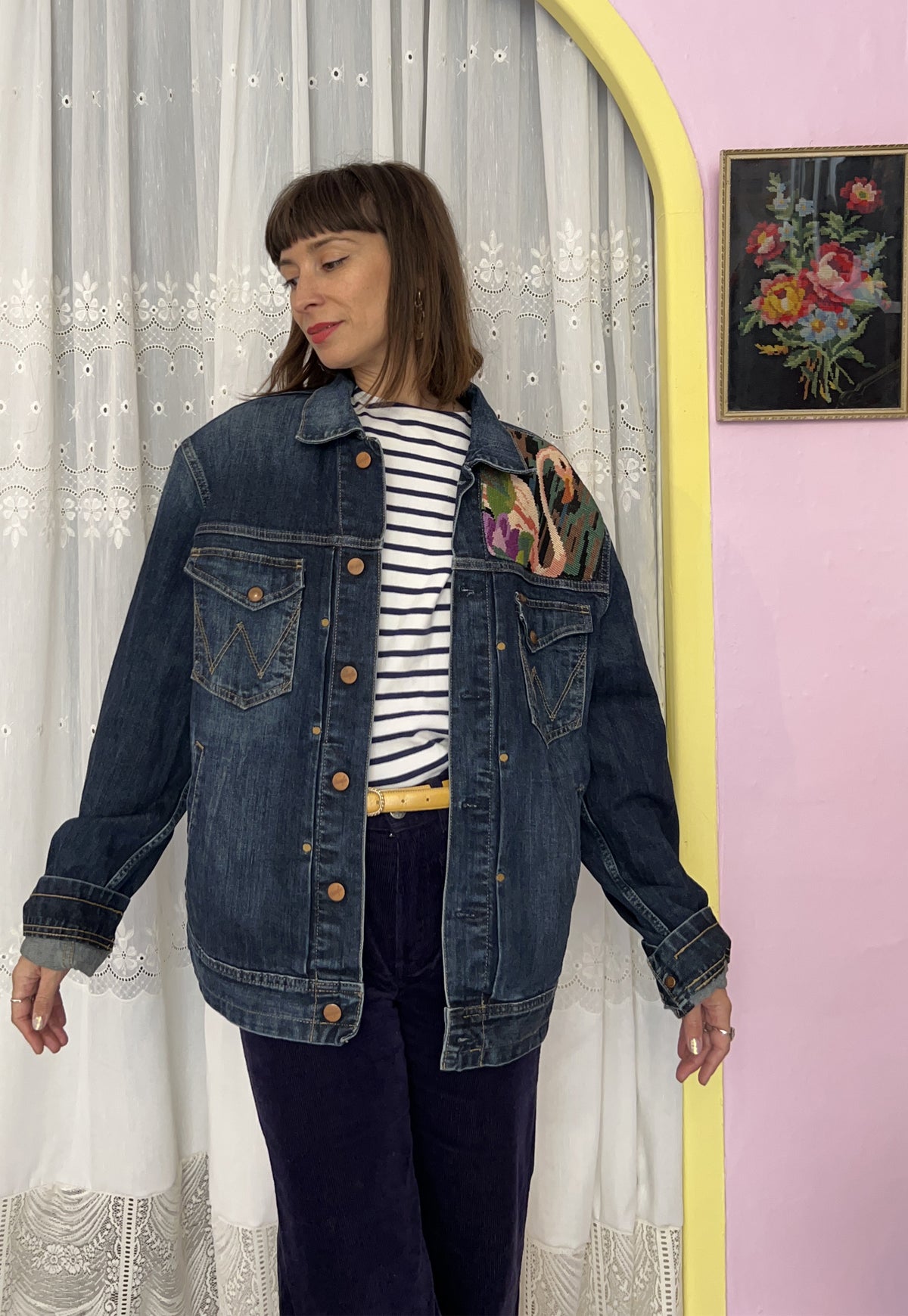 Upcycled jacket Flamingos (XL)