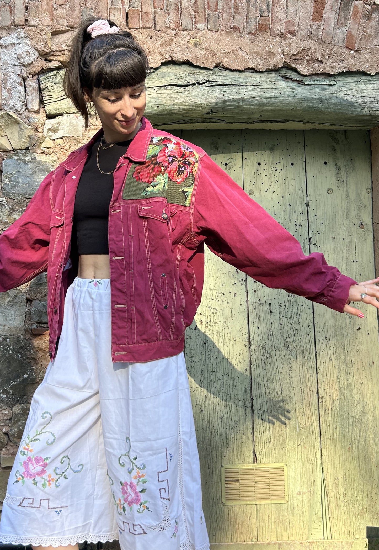 Upcycled jacket Peonies (M/L)