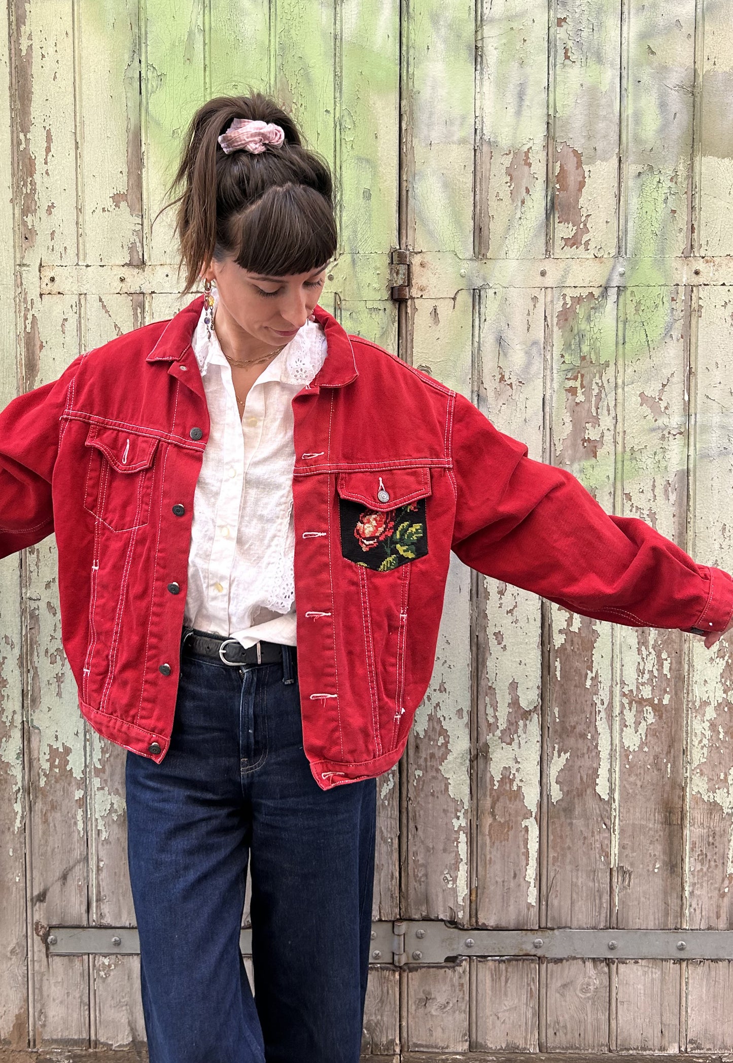 Upcycled jacket red roses (M/L)