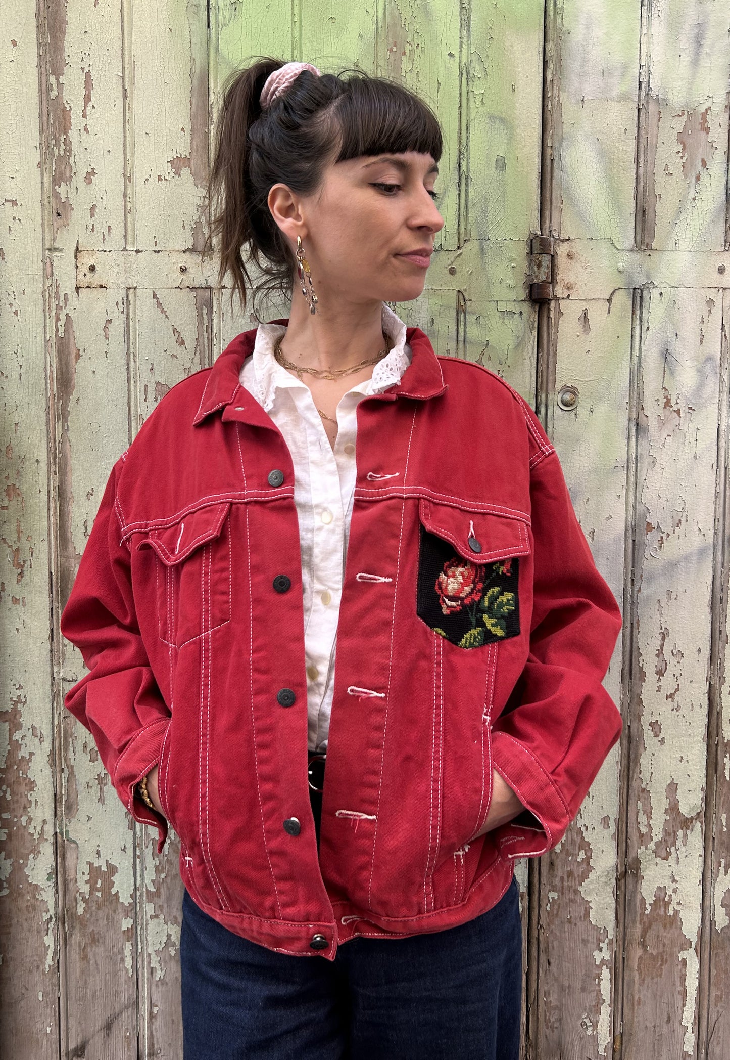 Upcycled jacket red roses (M/L)