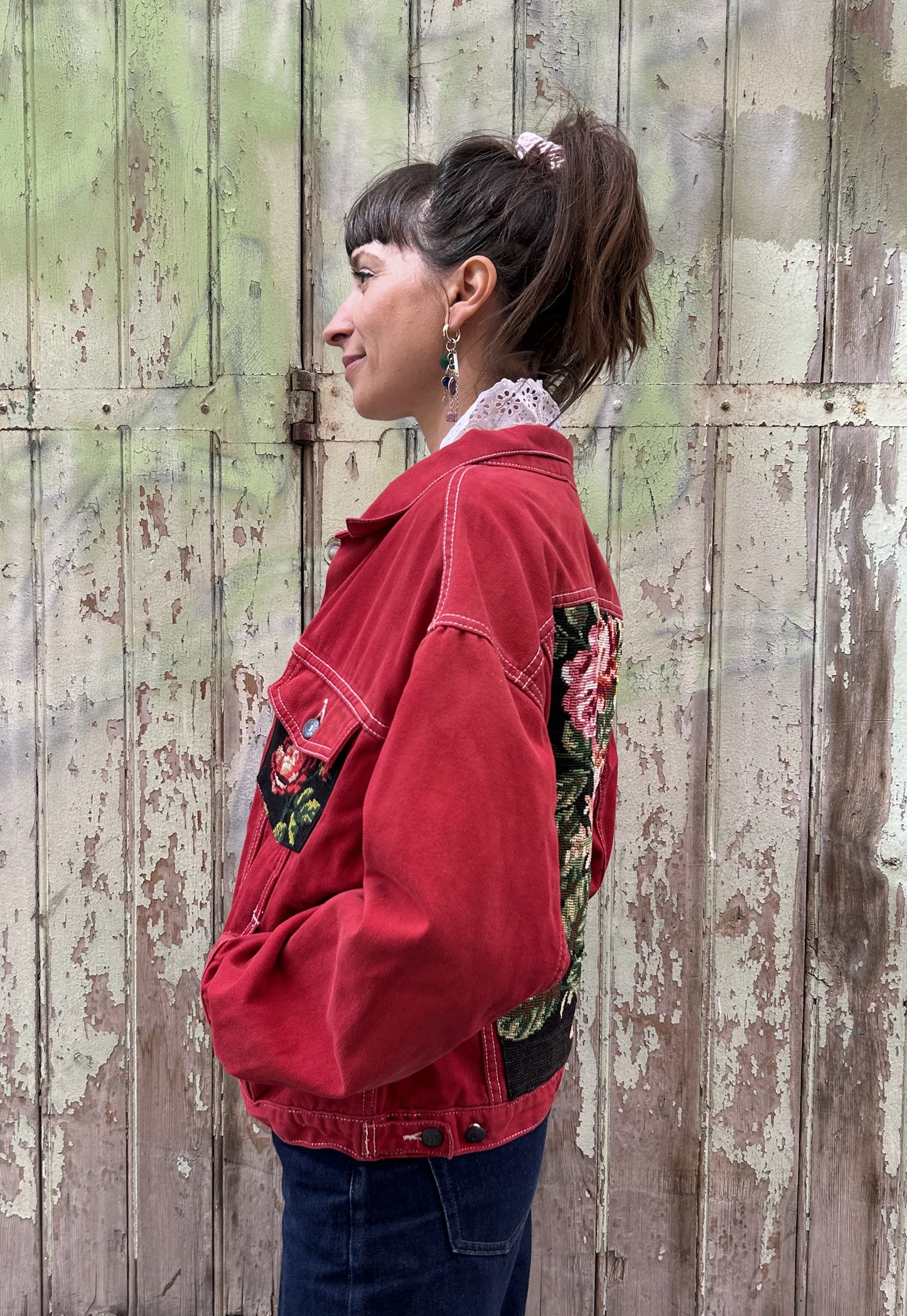 Upcycled jacket red roses (M/L)
