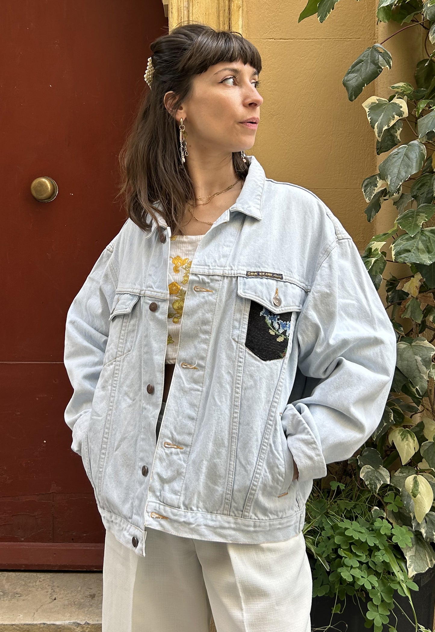 Upcycled jacket wild roses (L/XL)