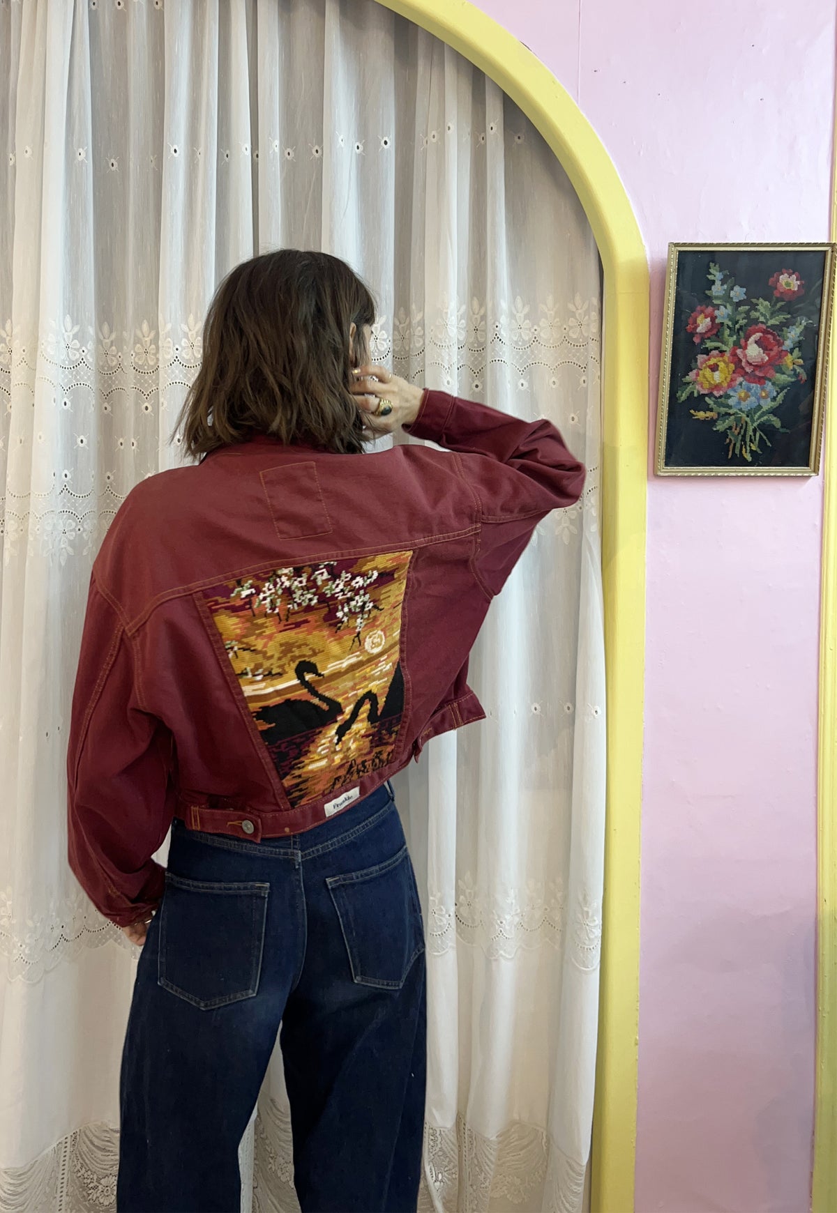Upcycled jacket Swans & Sunset (S/M)