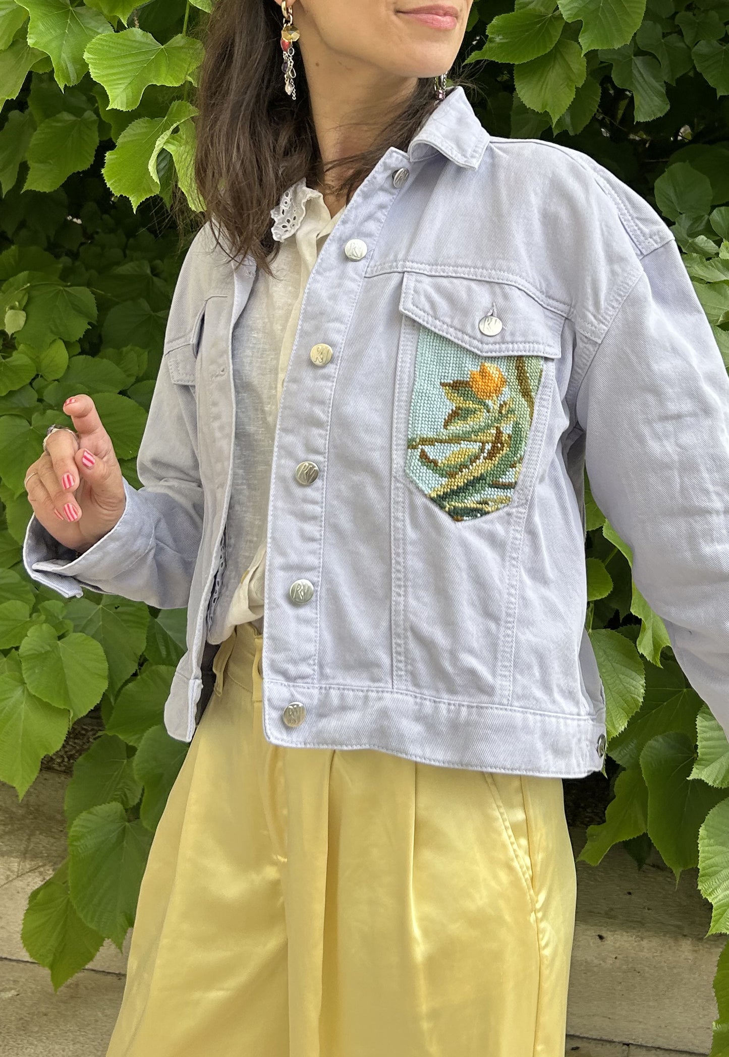 Upcycled jacket Exotic flowers lilac (M)