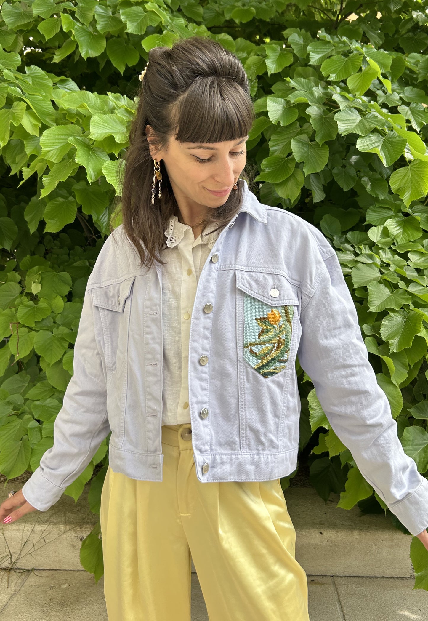 Upcycled jacket Exotic flowers lilac (M)