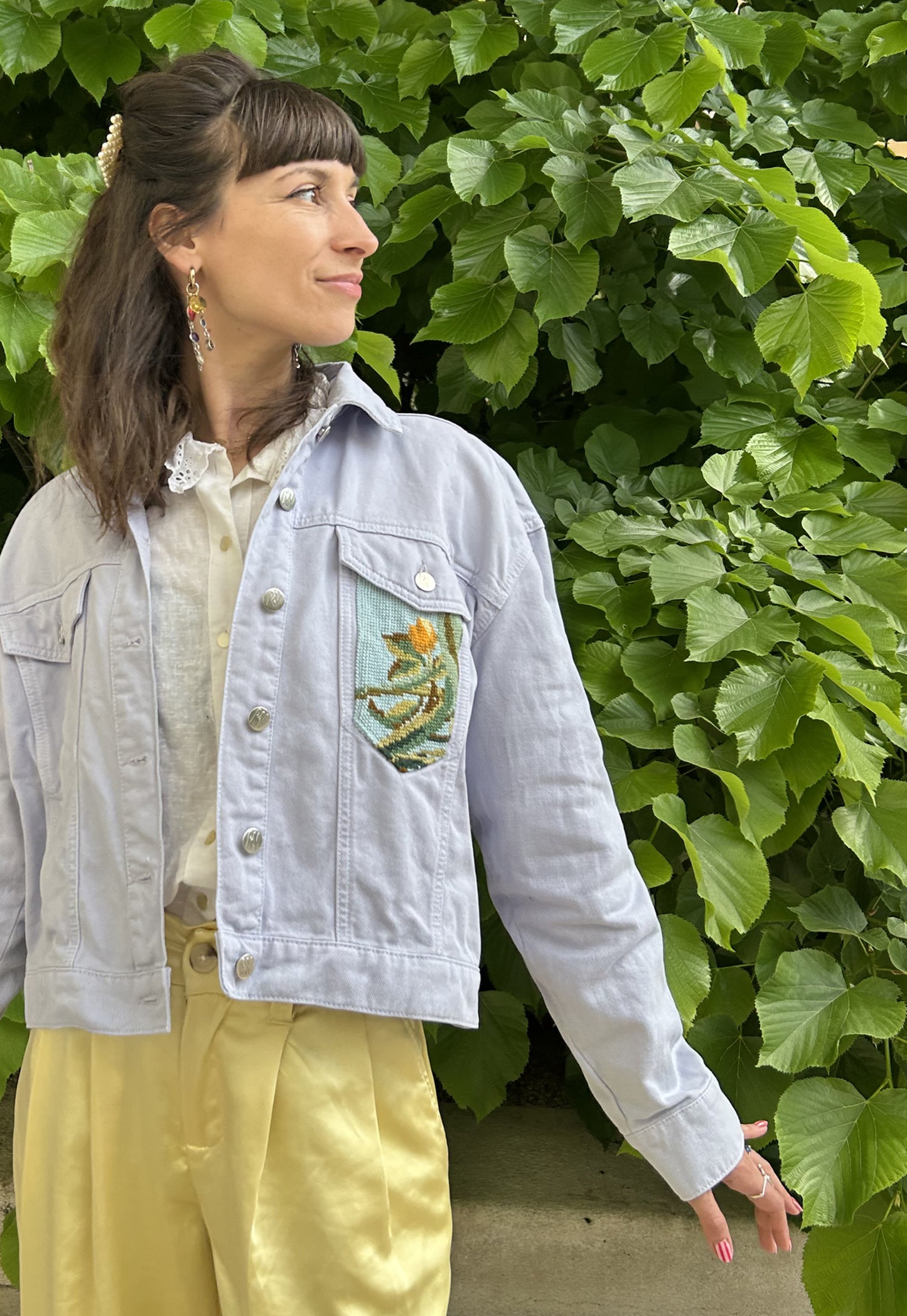 Upcycled jacket Exotic flowers lilac (M)