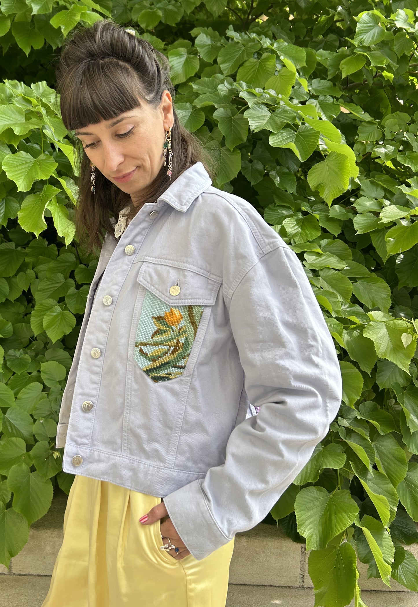 Upcycled jacket Exotic flowers lilac (M)